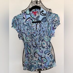 Vintage Sunny Leigh Blue & Lavender Floral Ruffle V-Neck Blouse